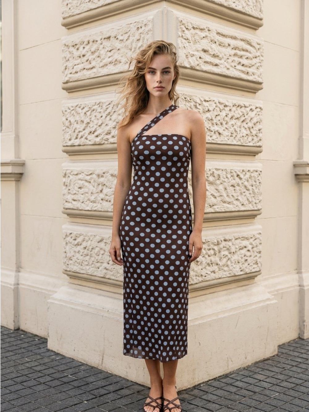 One-Shoulder Polka Dot Midi Dress in Brown and Light Blue